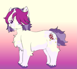 Size: 827x749 | Tagged: safe, artist:hivecicle, oc, oc only, unnamed oc, pony, unicorn, agender, bangs, gradient background, markings, pink fur, pink hair, purple eyes, purple hair, short hair, short tail, solo, striped hair, tail, yellow fur