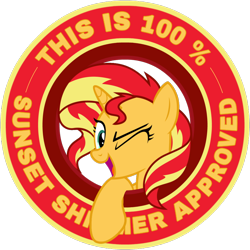Size: 1000x1000 | Tagged: safe, artist:wojtek-ツ, derpibooru exclusive, sunset shimmer, pony, unicorn, g4, approved, bust, female, looking at you, mare, one eye closed, open mouth, open smile, portrait, seal of approval, simple background, smiling, smiling at you, solo, transparent background, vector, wink, winking at you