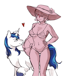 Size: 1248x1471 | Tagged: safe, artist:fleuranonette, shining armor, oc, oc:femanon, human, pony, unicorn, g4, belly button, bikini, clothes, hat, implied infidelity, looking at each other, looking at someone, male, side-tie bikini, simple background, stallion, swimsuit, white background