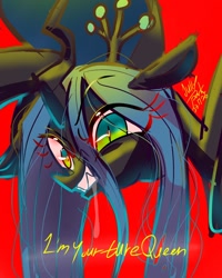 Size: 1080x1350 | Tagged: safe, artist:jully-park, queen chrysalis, changeling, changeling queen, g4, misspelling, red background, simple background, smiling, solo