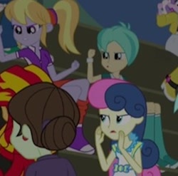 Size: 591x583 | Tagged: safe, screencap, cloudy kicks, diamond tiara, lyra heartstrings, sophisticata, sunset shimmer, tennis match, human, equestria girls, g4, my little pony equestria girls: rainbow rocks, angry, bleachers, booing, cropped