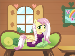 Size: 1000x750 | Tagged: safe, artist:riouku, fluttershy, pegasus, pony, g4, alternate hairstyle, alternate universe, blushing, clothes, commission, couch, cute, fluttershy's cottage, scarf, shyabetes, socks, solo, stockings, sweat, sweatdrops, thigh highs