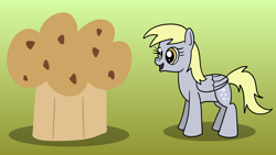 Size: 1920x1080 | Tagged: safe, artist:platinumdrop, derpy hooves, pegasus, pony, g4, female, food, gradient background, mare, muffin, simple background, solo