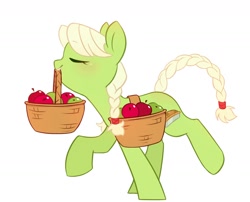 Size: 1312x1062 | Tagged: safe, artist:melodylibris, granny smith, earth pony, pony, g4, apple, basket, blushing, eyes closed, female, food, mare, simple background, solo, standing on two hooves, white background, young granny smith, younger