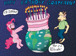 Size: 2229x1653 | Tagged: safe, artist:wolfman-al, pinkie pie, oc, oc:goatrain, goat, anthro, g4, anthro oc, birthday cake, birthday candles, birthday gift, birthday gift art, cake, candle, floating, food, gift art, goat oc, happy birthday, planet, space, starry background