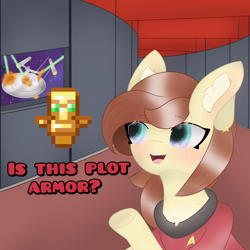 Size: 2652x2652 | Tagged: safe, artist:sodapop sprays, oc, oc:naomi horsely, oc:redshirt, earth pony, pony, chest fluff, dialogue, ear fluff, female, hallway, high res, is this a pigeon, mare, meme, minecraft, redshirt, star trek, star trek (tos), totem of undying