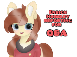 Size: 3000x2250 | Tagged: safe, artist:sodapop sprays, oc, oc only, oc:naomi horsely, oc:redshirt, earth pony, pony, chest fluff, ear fluff, happy, high res, looking at you, question, simple background, solo, star trek, star trek (tos), white background