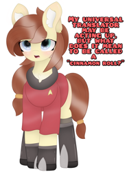 Size: 3000x4000 | Tagged: safe, artist:sodapop sprays, oc, oc only, oc:naomi horsely, oc:naomi horsley, oc:redshirt, earth pony, pony, chest fluff, clothes, confused, ear fluff, redshirt, simple background, skirt, solo, star trek, star trek (tos), uniform, white background