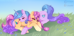 Size: 4000x1960 | Tagged: safe, artist:xjenn9, izzy moonbow, sunny starscout, earth pony, pony, unicorn, g5, blushing, butt pillow, duo, female, flower, grass, lesbian, mare, ship:moonscout, shipping, sleeping, ych example, your character here