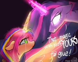 Size: 2048x1620 | Tagged: safe, artist:petaltwinkle, sunny starscout, twilight sparkle, alicorn, earth pony, pony, g5, black background, crying, dialogue, ears back, female, glowing, glowing horn, gritted teeth, horn, looking at each other, looking at someone, mane stripe sunny, mare, race swap, simple background, sunny and her heroine, sunnycorn, teeth, that magic was not yours to give, twilight sparkle (alicorn)