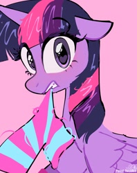 Size: 1620x2048 | Tagged: safe, artist:petaltwinkle, twilight sparkle, alicorn, pony, g4, clothes, eyebrows, eyebrows visible through hair, female, gritted teeth, heart, heart eyes, looking at you, mare, mouth hold, pink background, signature, simple background, socks, solo, striped socks, teeth, twilight sparkle (alicorn), wingding eyes