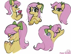 Size: 1277x963 | Tagged: safe, artist:petaltwinkle, posey bloom, earth pony, pony, g5, alternate hairstyle, crossed hooves, crying, eye clipping through hair, female, flower, jewelry, looking at something, looking at you, mare, necklace, ponytail, signature, simple background, smiling, smiling at you, solo, white background
