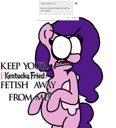 Size: 3023x3351 | Tagged: safe, artist:professorventurer, pipp petals, pegasus, pony, series:ask pippamena, g5, bipedal, chest fluff, dialogue, disgusted, fangs, female, folded wings, high res, implied fetish, kfc, mare, pippamena, pregnant, primrose petals, simple background, solo, white background, wings