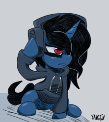 Size: 1210x1360 | Tagged: safe, artist:yamston, oc, oc only, oc:victor moon, pony, unicorn, fanfic:living the dream, 2023, black mane, blue coat, clothes, emo, fanfic art, female, gray background, hair over one eye, headphones, hoodie, long mane, mare, offspring, parent:oc:azure moon, parent:oc:star chaser(ltd), parents:oc x oc, red eyes, rule 63, signature, simple background, solo