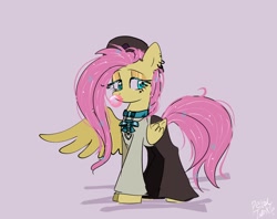 Size: 2048x1620 | Tagged: safe, artist:petaltwinkle, fluttershy, pegasus, pony, g4, bubblegum, choker, chokershy, clothes, ear piercing, earring, female, food, gum, hat, jewelry, lidded eyes, mare, messy mane, one wing out, pants, piercing, purple background, shirt, simple background, solo, wings