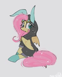 Size: 904x1129 | Tagged: safe, artist:petaltwinkle, fluttershy, pegasus, pony, g4, bunny ears, clothes, costume, dangerous mission outfit, female, goggles, gray background, hoodie, looking back, mare, signature, simple background, sitting, solo, zipper