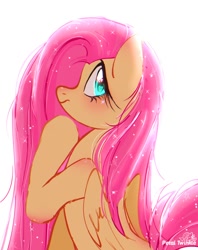 Size: 810x1024 | Tagged: safe, artist:petaltwinkle, fluttershy, pegasus, pony, g4, blushing, cute, female, frown, heart, heart eyes, looking back, mare, shoulder blush, shyabetes, signature, simple background, solo, sparkly mane, white background, wingding eyes