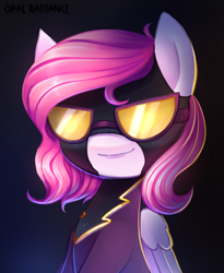 Size: 2086x2547 | Tagged: safe, artist:opal_radiance, oc, oc only, oc:storm cloud, pegasus, pony, clothes, costume, female, folded wings, goggles, gradient background, high res, kofi, looking at you, mare, pegasus oc, reward, shadowbolts costume, shadowbolts uniform, smiling, smiling at you, smirk, solo, wings