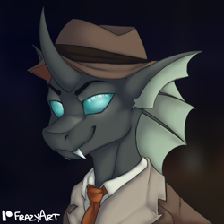 Size: 3000x3000 | Tagged: safe, artist:frazy, oc, oc only, oc:closed case, changeling, bust, changeling oc, clothes, commission, fangs, hat, high res, looking at you, male, necktie, portrait, simple background, smiling, smirk