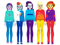 Size: 960x720 | Tagged: safe, artist:ardoplasma41, artist:creatorofpony, artist:karlo-habagat, artist:kurauchi, applejack, rainbow dash, rarity, sunset shimmer, twilight sparkle, human, equestria girls, g4, 3d, alternate hairstyle, clothes, front view, height difference, hoodie, humane five, mane four, mmd, pants, polo shirt, shirt, shoes, simple background, sneakers, transparent background
