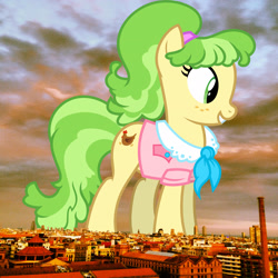 Size: 2048x2048 | Tagged: safe, anonymous editor, artist:starryshineviolet, edit, chickadee, ms. peachbottom, earth pony, pony, g4, barcelona, clothes, female, giant pony, giantess, high res, highrise ponies, irl, macro, mare, photo, ponies in real life, smiling, solo, spain, story included