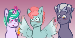 Size: 1578x794 | Tagged: safe, artist:lotusflare, oc, oc only, oc:adam harvest, oc:aquatic lotus, oc:aroma petals, earth pony, pegasus, pony, unicorn, blushing, earth pony oc, food, gradient background, horn, icicle, licking, licking lips, looking down, looking offscreen, male, pegasus oc, popsicle, spread wings, stallion, stallion oc, tongue out, unicorn oc, wingboner, wings