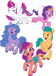 Size: 2101x2827 | Tagged: safe, hitch trailblazer, izzy moonbow, pipp petals, sunny starscout, zipp storm, earth pony, pegasus, pony, unicorn, g5, my little pony: a new generation, official, .svg available, 2d, female, flying, high res, male, mane five, mare, open mouth, open smile, simple background, smiling, spread wings, stallion, svg, transparent background, vector, wings