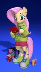 Size: 2160x3840 | Tagged: safe, artist:owlpirate, fluttershy, pegasus, semi-anthro, g4, 3d, 3ds, 4k, arm hooves, backpack, bandaid, clothes, dexterous hooves, ear piercing, earring, female, food, gradient background, high res, hoodie, hoof hold, jewelry, juice, juice box, mare, mouth hold, piercing, pocky, shoes, smiling, sneakers, solo, source filmmaker