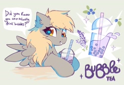 Size: 2048x1402 | Tagged: safe, artist:mirtash, derpy hooves, pegasus, pony, g4, ask, bubble tea, dialogue, drink, drinking straw, eyebrows, eyebrows visible through hair, female, looking at you, mare, mlp art ask (ru), smiling, smiling at you, solo, spread wings, starry eyes, wingding eyes, wings