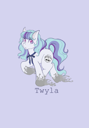 Size: 1423x2048 | Tagged: safe, artist:mscolorsplash, earth pony, pony, crossover, female, looking at you, mare, monster high, name, ponified, purple background, ribbon, simple background, solo, twyla
