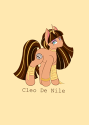 Size: 1462x2048 | Tagged: safe, artist:mscolorsplash, pony, unicorn, cleo de nile, crossover, female, looking at you, mare, monster high, mummy, name, ponified, simple background, solo, yellow background