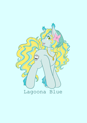 Size: 1462x2048 | Tagged: safe, artist:mscolorsplash, earth pony, merpony, pony, blue background, cyan background, female, flower, flower in hair, jewelry, lagoona blue, looking at you, mare, monster high, name, necklace, open mouth, open smile, ponified, simple background, smiling, smiling at you, solo