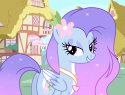 Size: 1421x1080 | Tagged: safe, artist:cstrawberrymilk, oc, oc:moonlight lullaby, pegasus, pony, g4, butt, female, flower, flower in hair, freckles, jewelry, lidded eyes, looking back, mare, necklace, plot, ponyville, solo