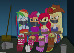 Size: 1920x1372 | Tagged: safe, artist:robukun, apple bloom, applejack, rainbow dash, scootaloo, human, equestria girls, g4, anatomically incorrect, bondage, bound and gagged, breasts, closet, fall formal outfits, female, gag, incorrect leg anatomy, rope, rope bondage, siblings, sisters, tape, tape gag, tied up