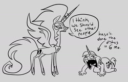 Size: 1812x1168 | Tagged: safe, artist:janegumball, princess cadance, shining armor, alicorn, pony, unicorn, anthro, g4, crying, dialogue, eyes closed, horn, horn ring, nightmare cadance, nightmarified, open mouth, ring, sketch, spread wings, wings