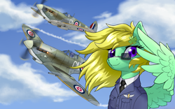 Size: 4254x2646 | Tagged: safe, artist:qwq2233, oc, oc only, oc:concentric rings, oc:horsewhite, oc:midnight hurricane, pegasus, pony, equestria at war mod, clothes, fighter, fighter plane, flower, flower in hair, hawker hurricane, looking at you, plane, solo focus, spread wings, sunglasses, supermarine spitfire, uniform, windswept mane, wings, wonderbolts dress uniform