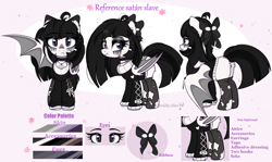 Size: 3462x2070 | Tagged: safe, artist:2pandita, oc, oc:satán slave, bat pony, pony, bandaid, bandaid on nose, black eyeshadow, black hair, bow, butt fluff, choker, clothes, ear piercing, earring, eyeshadow, fangs, female, fishnet stockings, folded wings, frown, goth, gothic, gray eyes, hair bow, hairclip, high res, jewelry, lidded eyes, looking at you, makeup, mare, necklace, piercing, pink background, reference sheet, ripped stockings, simple background, smiling, solo, spread wings, standing, stockings, sweater, text, thigh highs, torn clothes, watermark, wing piercing, wings