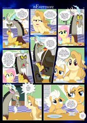 Size: 3259x4607 | Tagged: safe, artist:estories, discord, fluttershy, oc, oc:alice goldenfeather, oc:fable, draconequus, pegasus, pony, comic:nevermore, g4, :i, comic, open mouth, plate, speech bubble