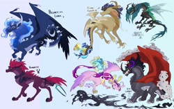 Size: 2048x1289 | Tagged: safe, artist:terribletyto, doctor whooves, king sombra, princess cadance, princess luna, queen chrysalis, tempest shadow, time turner, dragon, dragonling, feathered dragon, g4, blue background, crossover, dragoness, dragonified, female, simple background, spyro the dragon (series), the legend of spyro