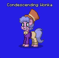 Size: 731x717 | Tagged: safe, earth pony, pony, pony town, g4.5, my little pony: pony life, one click wonder, blue background, condescending wonka, meme, ponified, ponified meme, reference, roald dahl, simple background, solo, willy wonka, willy wonka and the chocolate factory