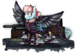 Size: 2600x1800 | Tagged: safe, artist:molars, oc, oc:cloud jumper, pegasus, pony, ashes town, fallout equestria, amputee, armor, artificial wings, augmented, battle saddle, blue fur, cloud, complex background, enclave, enclave armor, glasses, grand pegasus enclave, gun, lightning, looking at you, magical energy, markings, ponytail, prosthetic limb, prosthetic wing, prosthetics, raised eyebrows, simple background, smiling, spread wings, standing, transparent background, weapon, wings