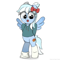 Size: 2048x2048 | Tagged: safe, artist:super-dead, oc, oc only, oc:allay, pegasus, pony, semi-anthro, bipedal, bow, clothes, colored wings, gradient wings, hair bow, high res, hoodie, looking at you, open mouth, pegasus oc, simple background, socks, solo, white background, wings