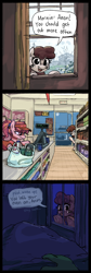 Size: 500x1487 | Tagged: safe, artist:plunger, oc, oc only, oc:anon, oc:creepy peepers, human, pony, cash register, comic, dialogue, eyes do not belong there, female, imported from twibooru, looking at you, mare, open mouth, open smile, png, ponerpics import, shop, smiling, speech bubble, stalker, stalking, window
