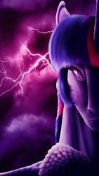 Size: 768x1366 | Tagged: safe, artist:oneiria-fylakas, twilight sparkle, pony, g4, abstract background, female, frown, lightning, mare, multicolored hair, multicolored mane, purple, solo, storm, thunderstorm