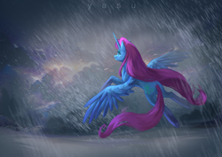 Size: 5450x3856 | Tagged: safe, artist:yasu, oc, oc only, oc:stormy skies, alicorn, pony, alicorn oc, blizzard, blue skin, butt, cloud, concave belly, dark, fluffy, flying, horn, long mane, long tail, plot, purple hair, snow, snowfall, solo, spread wings, storm, tail, weather, wind, wings