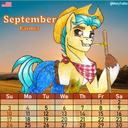 Size: 979x984 | Tagged: safe, artist:mintytreble, hitch trailblazer, earth pony, pony, g5, my little pony: a new generation, spoiler:my little pony: a new generation, calendar, clothed ponies, clothes, farmer, male, september, solo, stallion