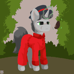 Size: 400x400 | Tagged: safe, artist:vohd, derpibooru exclusive, oc, oc only, oc:hatter, bat pony, pony, unicorn, animated, bat ponified, cheek bulge, chest fluff, clothes, collar, confusion, corset, eating, female, fruit, gif, glowing, glowing horn, hat, herbivore, horn, levitation, magic, male, male to female, mare, race swap, rule 63, shrinking, signature, solo, telekinesis, transformation, transformation sequence, trenchcoat