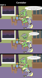 Size: 1920x3516 | Tagged: safe, artist:platinumdrop, derpy hooves, oc, oc:anon, oc:anon stallion, pegasus, pony, comic:caretaker, series:caretaker, g4, 3 panel comic, abuse, alcohol, avoiding eye contact, black eye, bottle, bound wings, bowl, bruised, caretaker, chair, comic, commission, crying, curtains, derpybuse, dialogue, dining room, dinner, disappointed, domestic abuse, drink, drinking, duo, duo male and female, dusk, ears back, eating, eyes closed, female, floppy ears, flower, flower pot, folded wings, food, fork, furniture, glass, gruel, handkerchief, indoors, insult, looking at someone, looking away, male, mare, night, night sky, open mouth, pasta, plant, plate, psychological abuse, raised hoof, rope, sad, salad, series, sitting, sky, spaghetti, speech bubble, stallion, stubble, table, talking, tears of sadness, verbal abuse, window, wine, wine glass, wings
