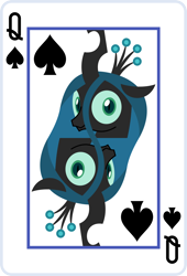 Size: 2000x2936 | Tagged: source needed, useless source url, safe, artist:parclytaxel, queen chrysalis, changeling, changeling queen, series:parcly's pony pattern playing cards, g4, female, high res, lineless, looking at you, playing card, queen of spades, rotational symmetry, solo, vector