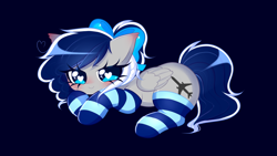 Size: 3840x2160 | Tagged: safe, alternate character, alternate version, artist:arwencuack, oc, oc only, oc:sofia reds, pegasus, pony, blue background, blue eyes, blue mane, blue socks, blushing, bow, clothes, heart, heart eyes, high res, pegasus oc, simple background, socks, solo, striped socks, wingding eyes